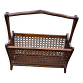 Vintage magazine rack, solid wood and cane document holder.