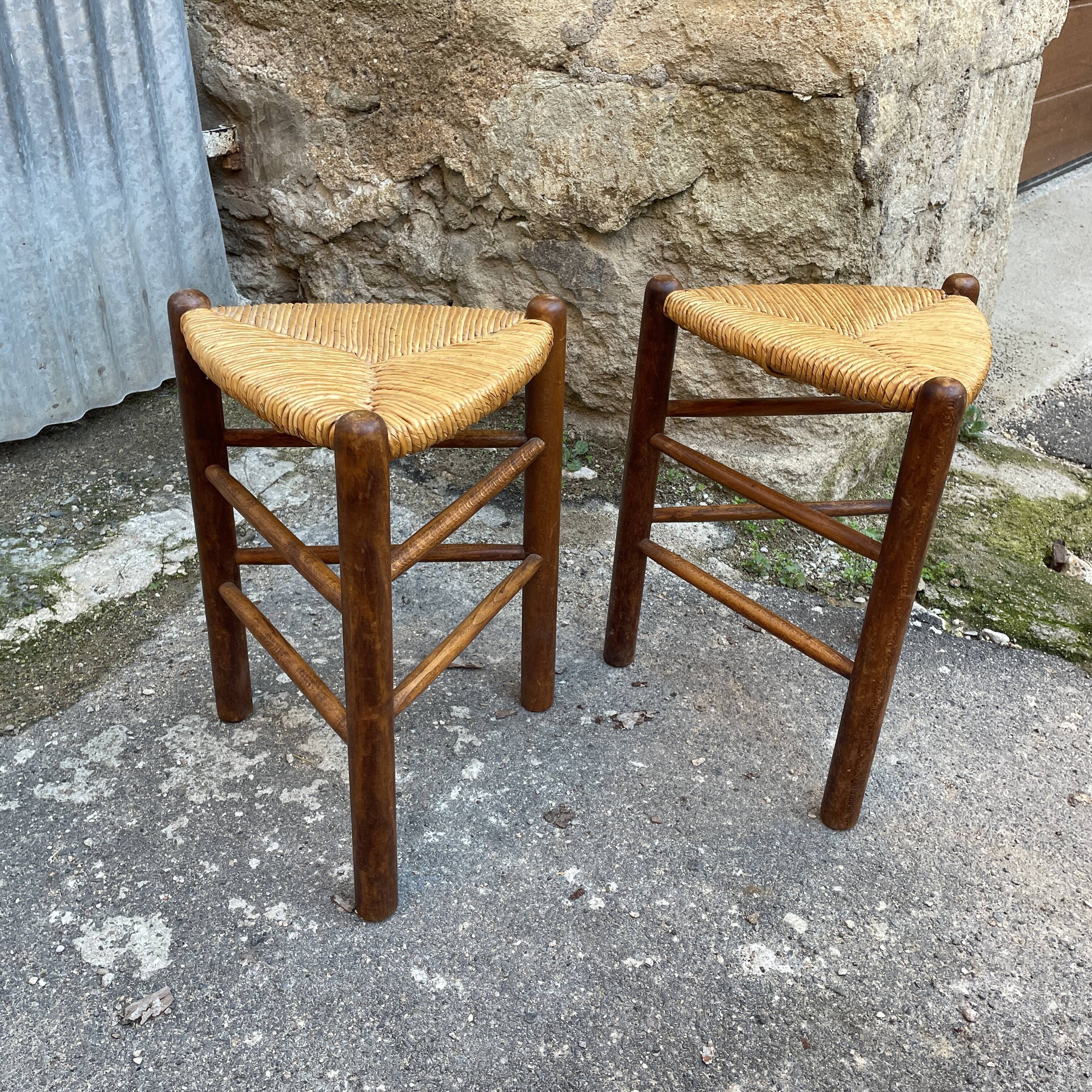 Pair tripod stool vintage design wood and straw