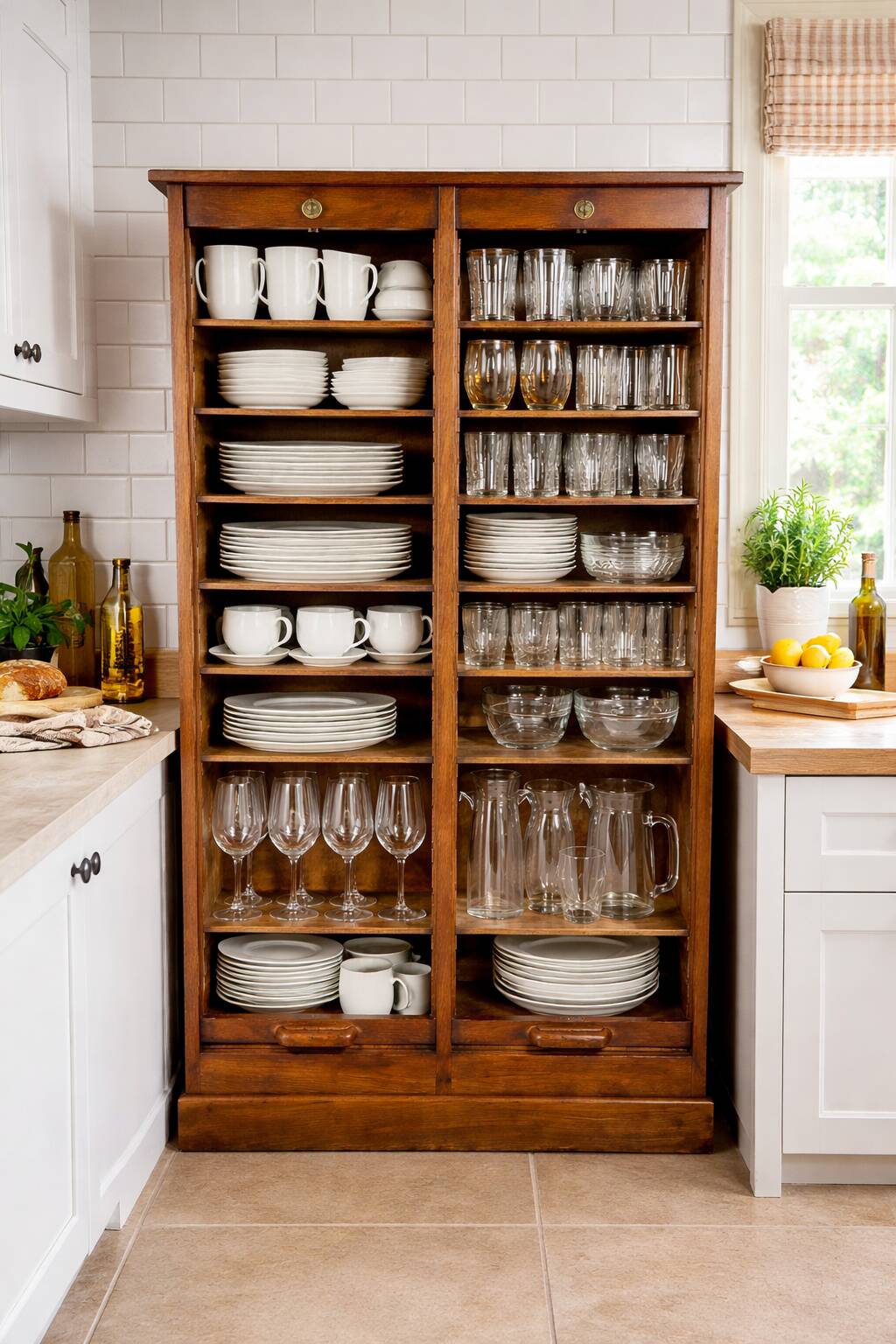 Antique double curtain cabinet in oak (internal drawers)