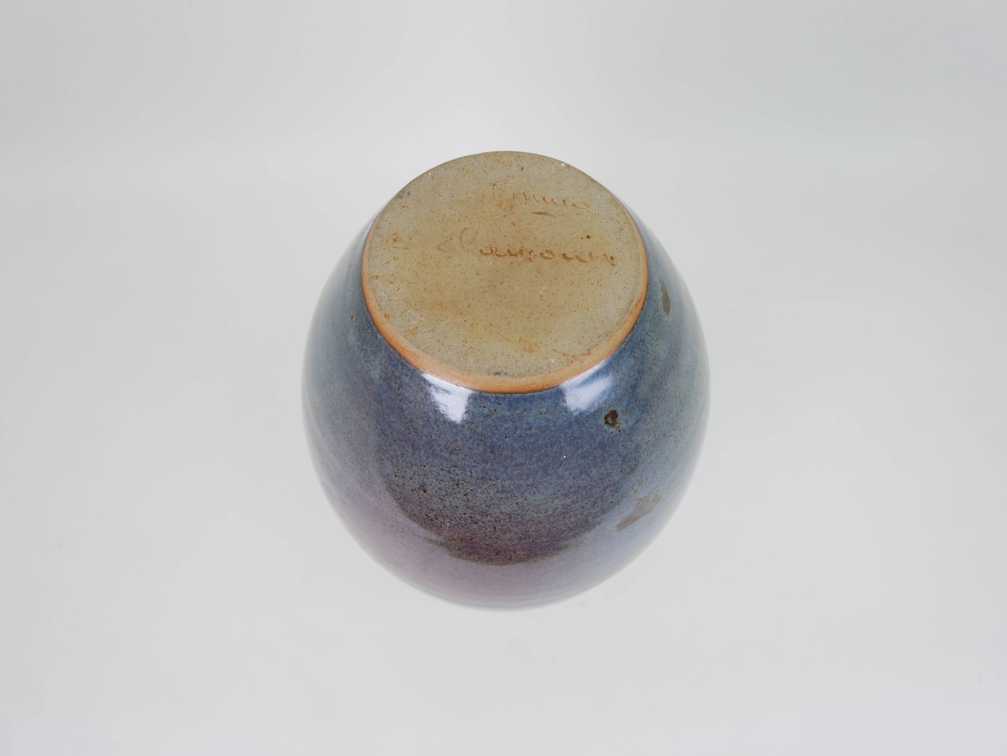 Large blue glazed ceramic vase signed under the base