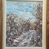 Old signed painting, path under the snow, Vienne, Dauphiné