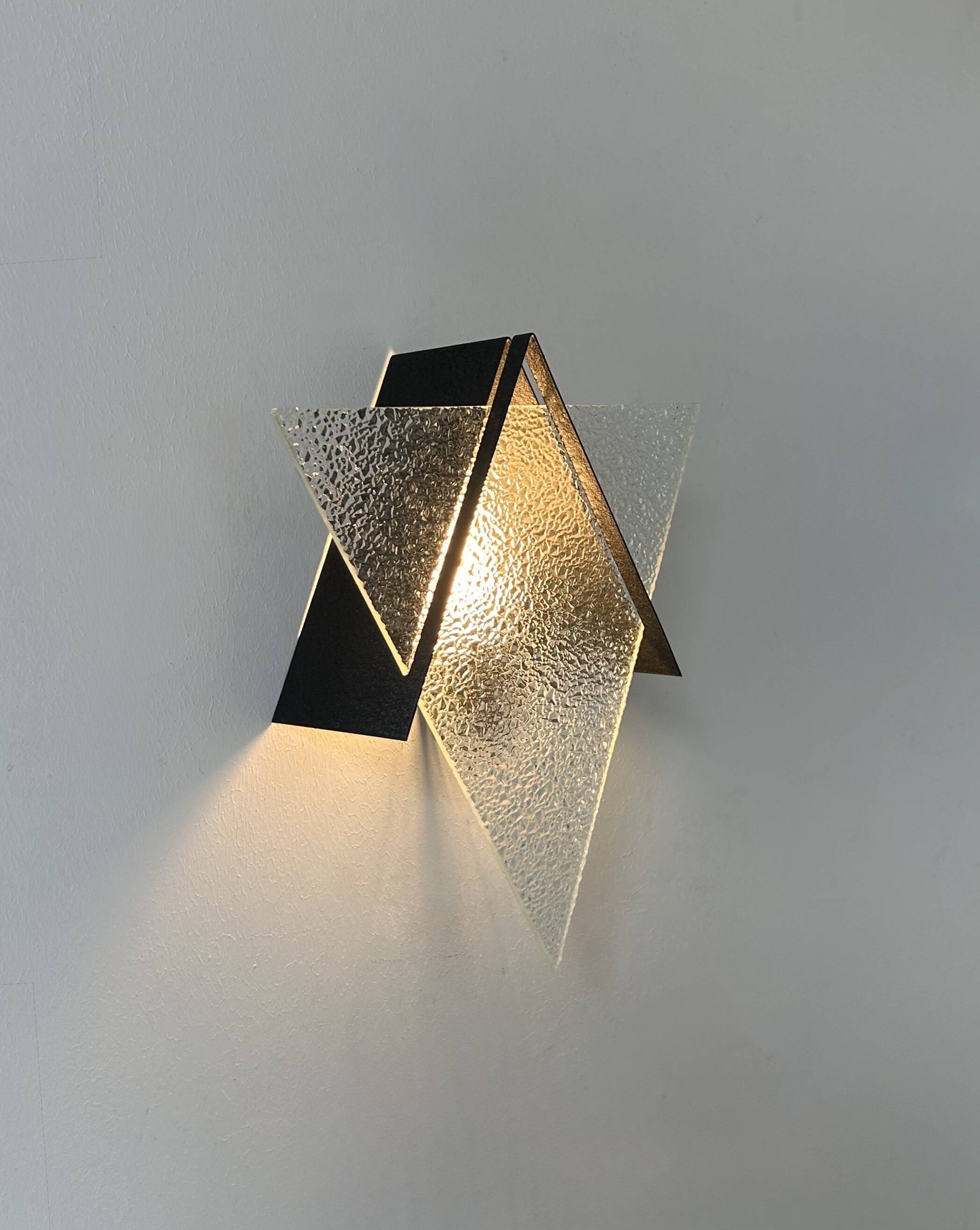 Vintage geometric wall lamp, black metal and glass, France 1950