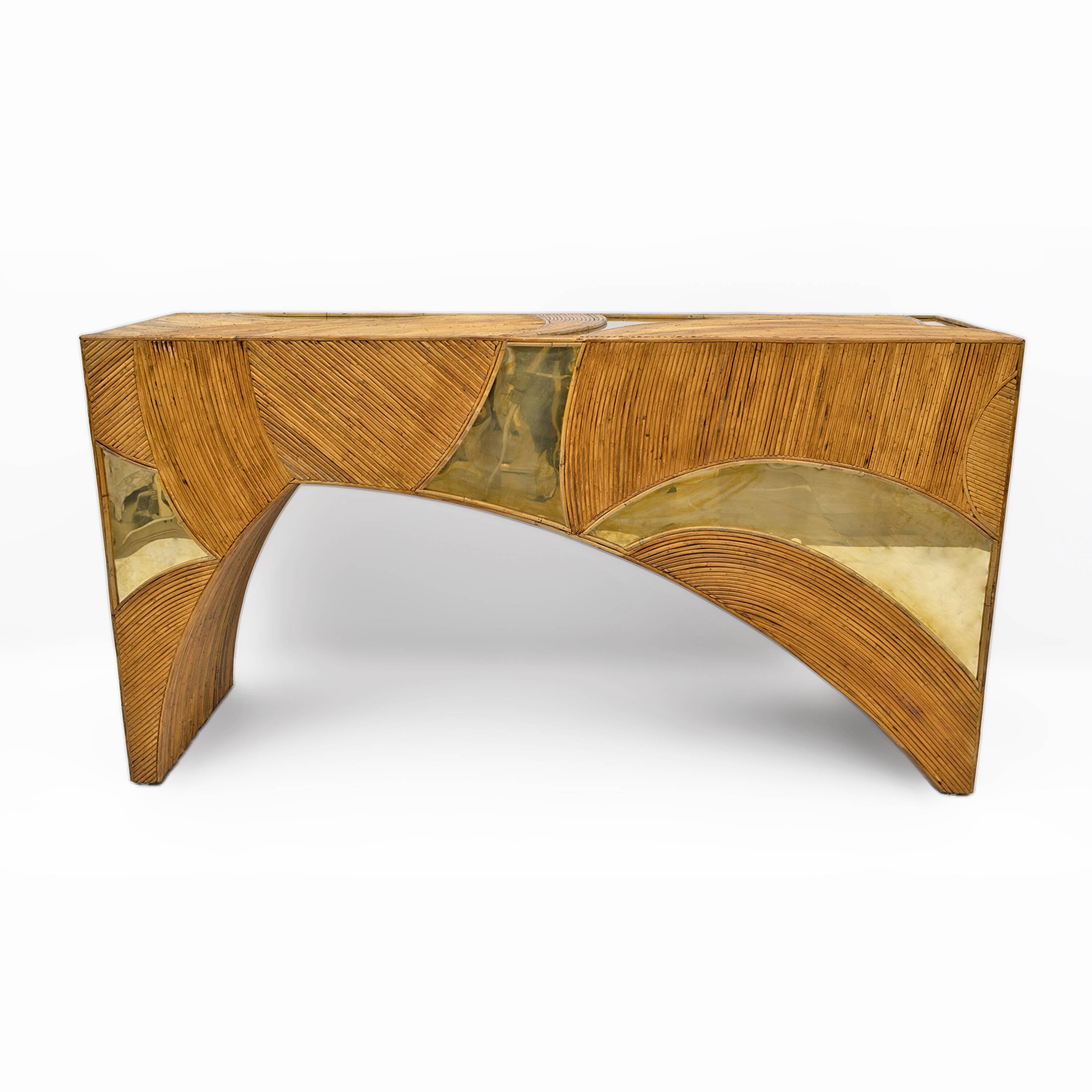 Mid-Century Modern Italian Rattan and Brass Center Console by Vivai del Sud