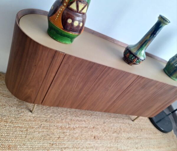 Buffet enfilade noyer, plaqué et cuir Aslen AMPM, meuble design