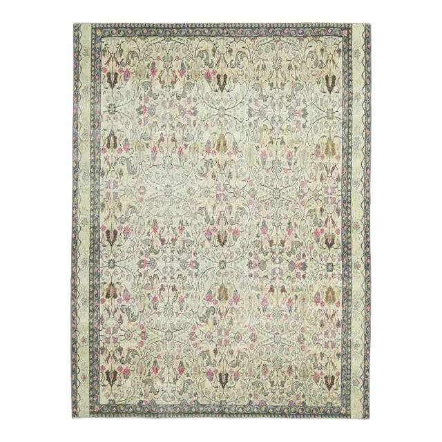1970s Vintage Turkish Oushak Handmade Wool Cotton Cream Area Rug 165x206