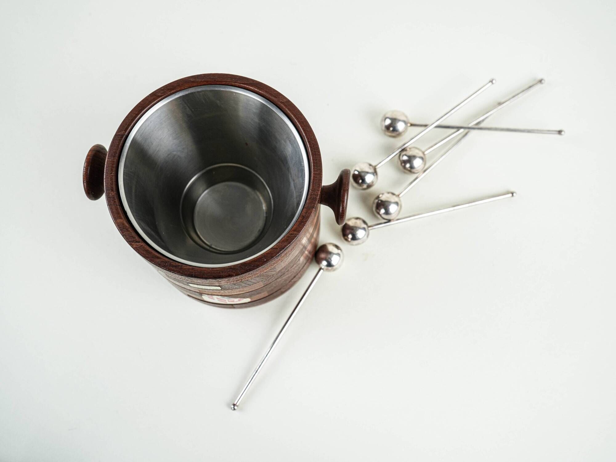 Danish teak and steel ice bucket, 1970s, Scandinavian Modern barware