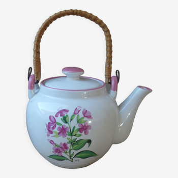 Korean teapot in white ceramic pattern pink flowers handle vintage wood