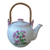 Korean teapot in white ceramic pattern pink flowers handle vintage wood