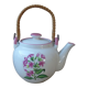 Korean teapot in white ceramic pattern pink flowers handle vintage wood