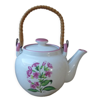 Korean teapot in white ceramic pattern pink flowers handle vintage wood