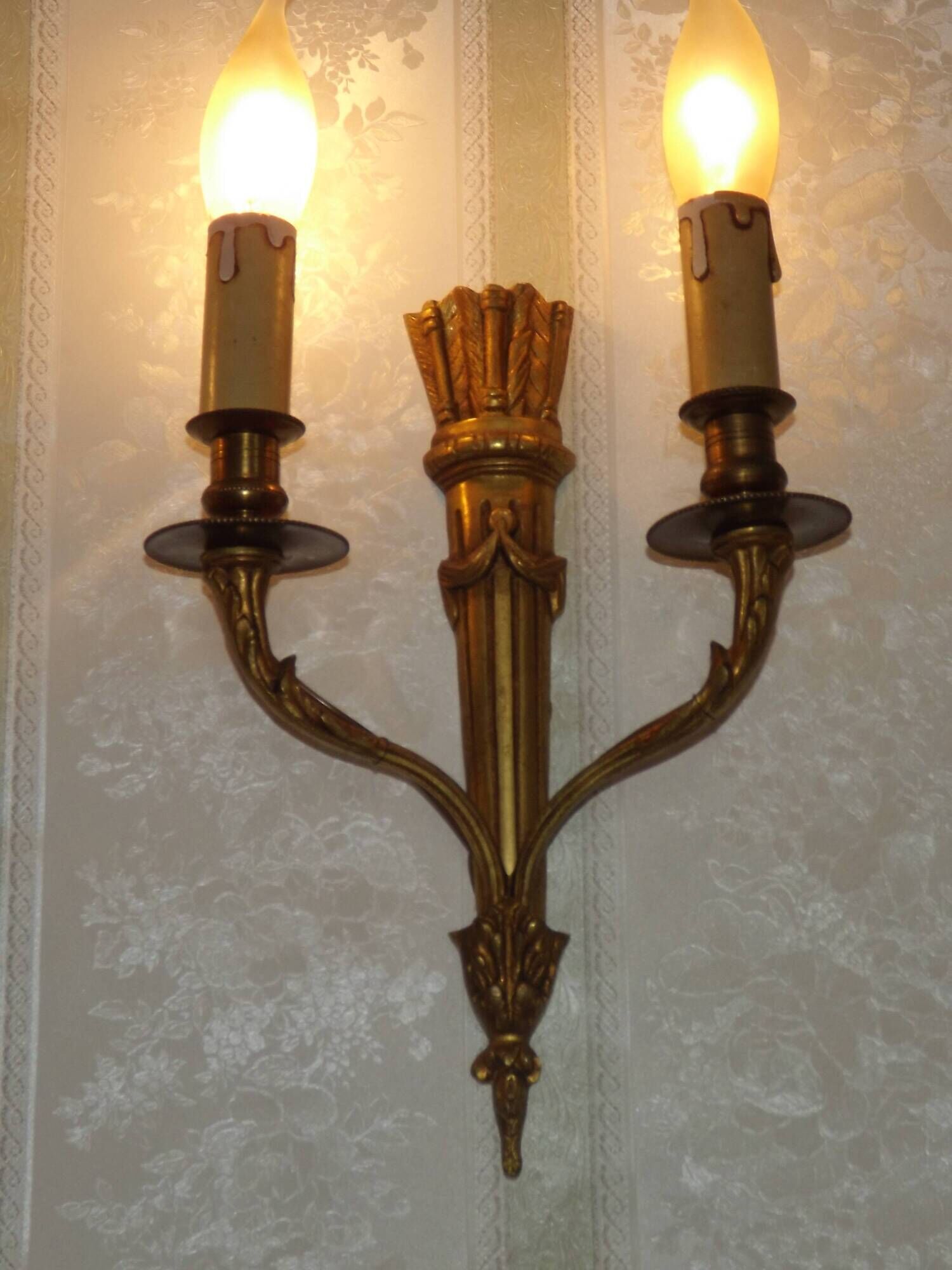 Elegant Pair French Antique Bronze Empire Arrow Style Double Wall Lights 4841