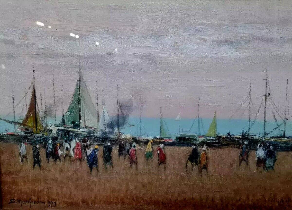 Sergio Manfredi pretty oil on panel depicting a lively seaside view