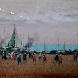 Sergio Manfredi pretty oil on panel depicting a lively seaside view