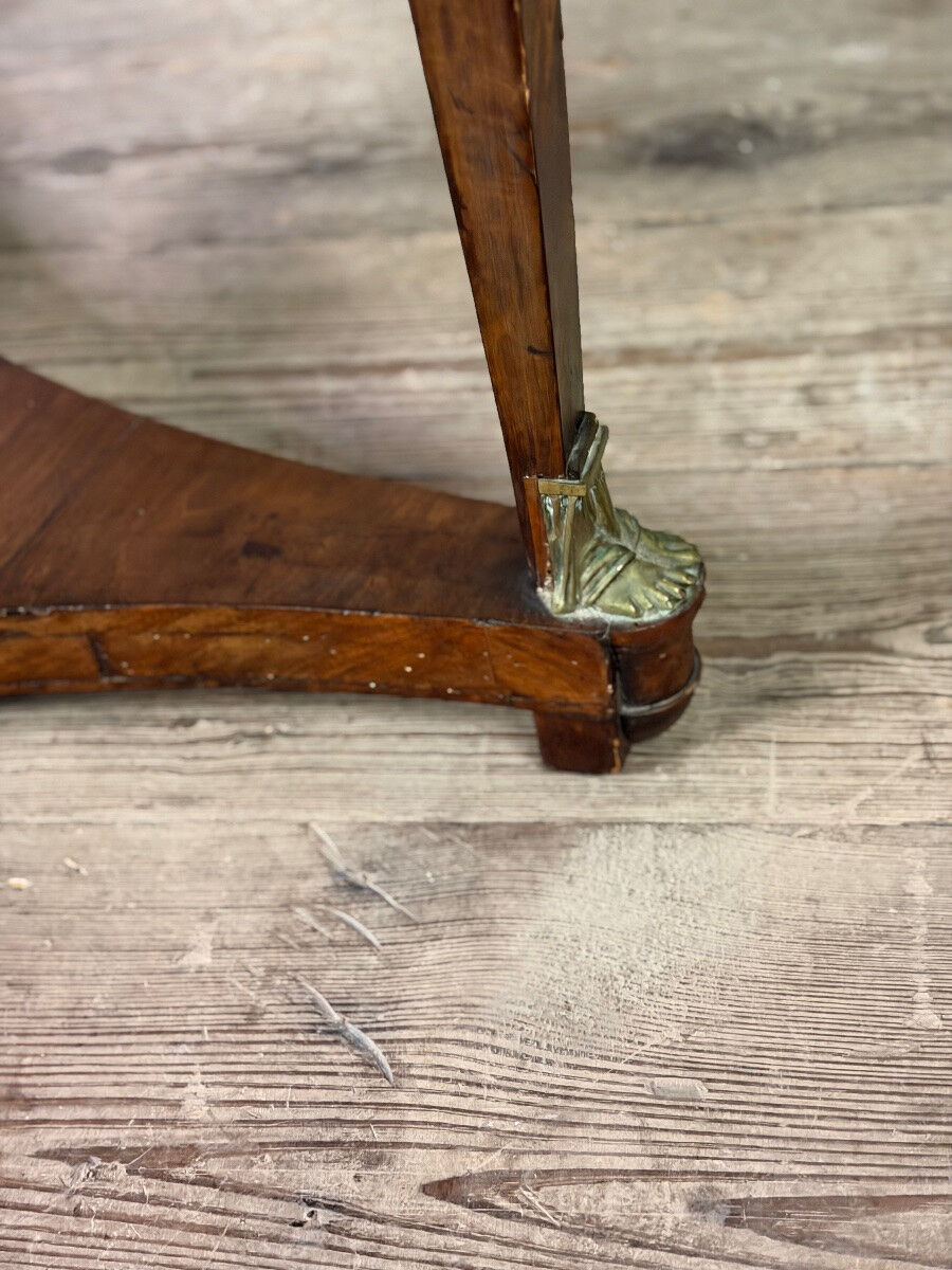 Empire pedestal table in mahogany and bronze, Saint-Anne grey marble with groove, circa 1800