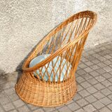 Vintage basket armchair in woven rattan - round seat Design 1960-1970