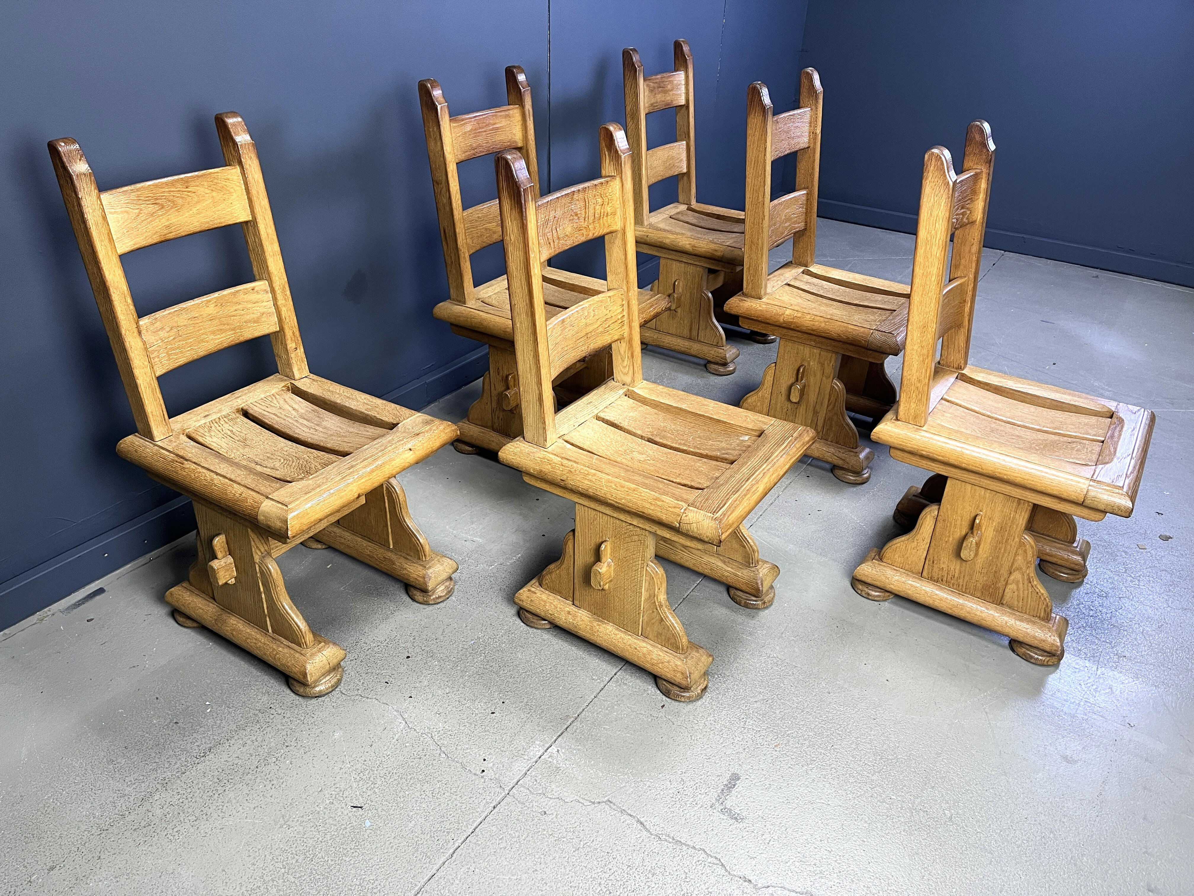 Solid oak brutalist dining chairs, 1960s