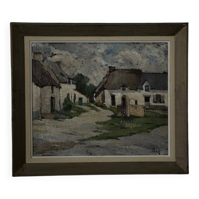 Huile sur toile des fermes bretonnes par Pasquier début XXe