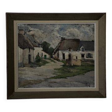 Oil on canvas of Breton farms by Pasquier, early 20th century