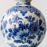 Pair of Royal Delft blue and white ceramic table lamps with new vermilion silk shades.