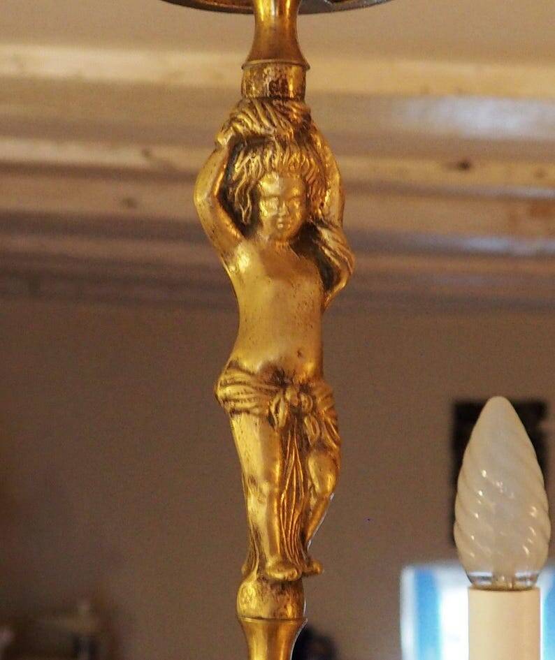 Vintage Italian bronze brass three-branch female figurine chandelier c. 1950s