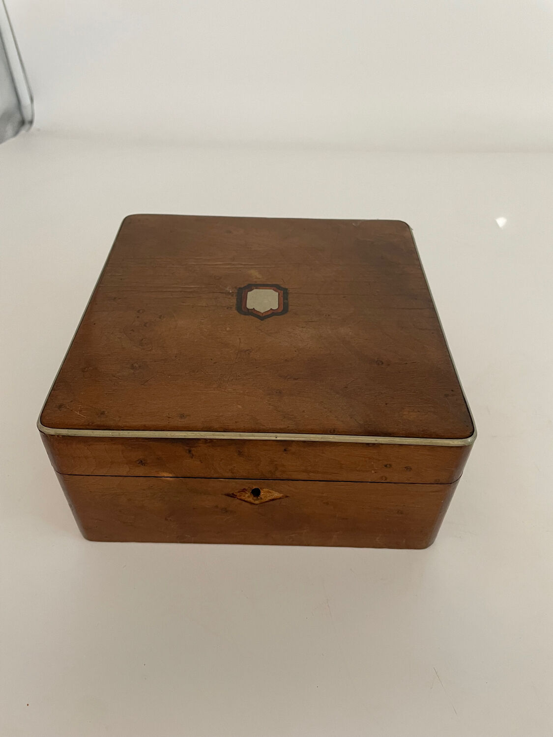 Old square wooden box, a bit of marquetry, padded, box.