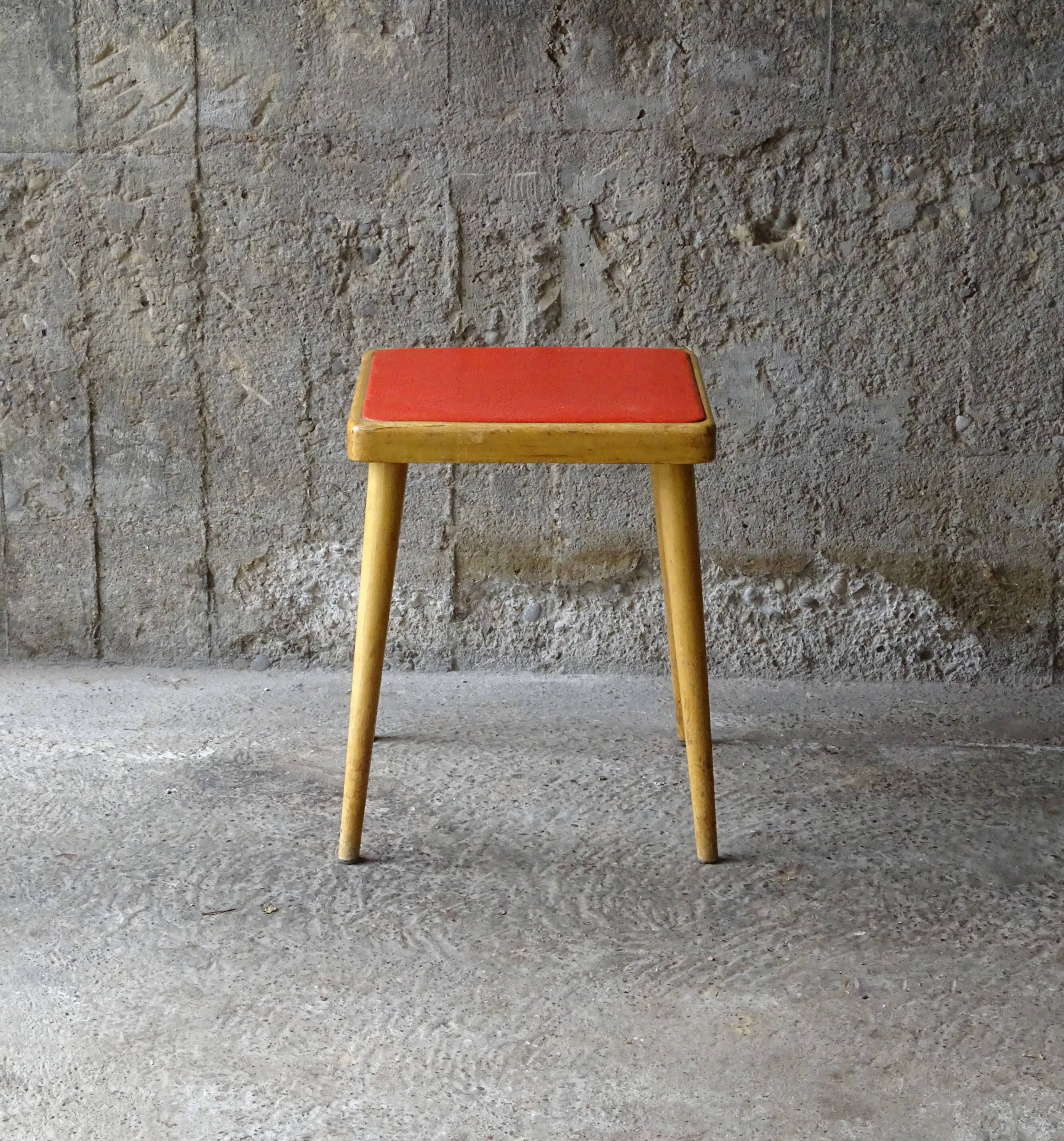Square Baumann stool from 1970 in red skai