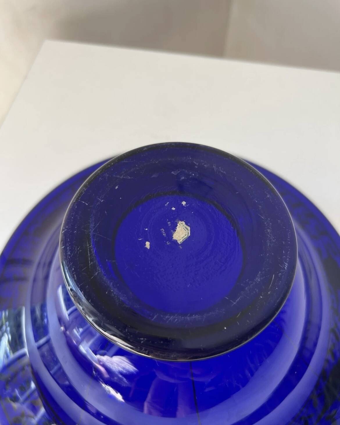 Cobalt blue glass bowl with Art Deco bird decor