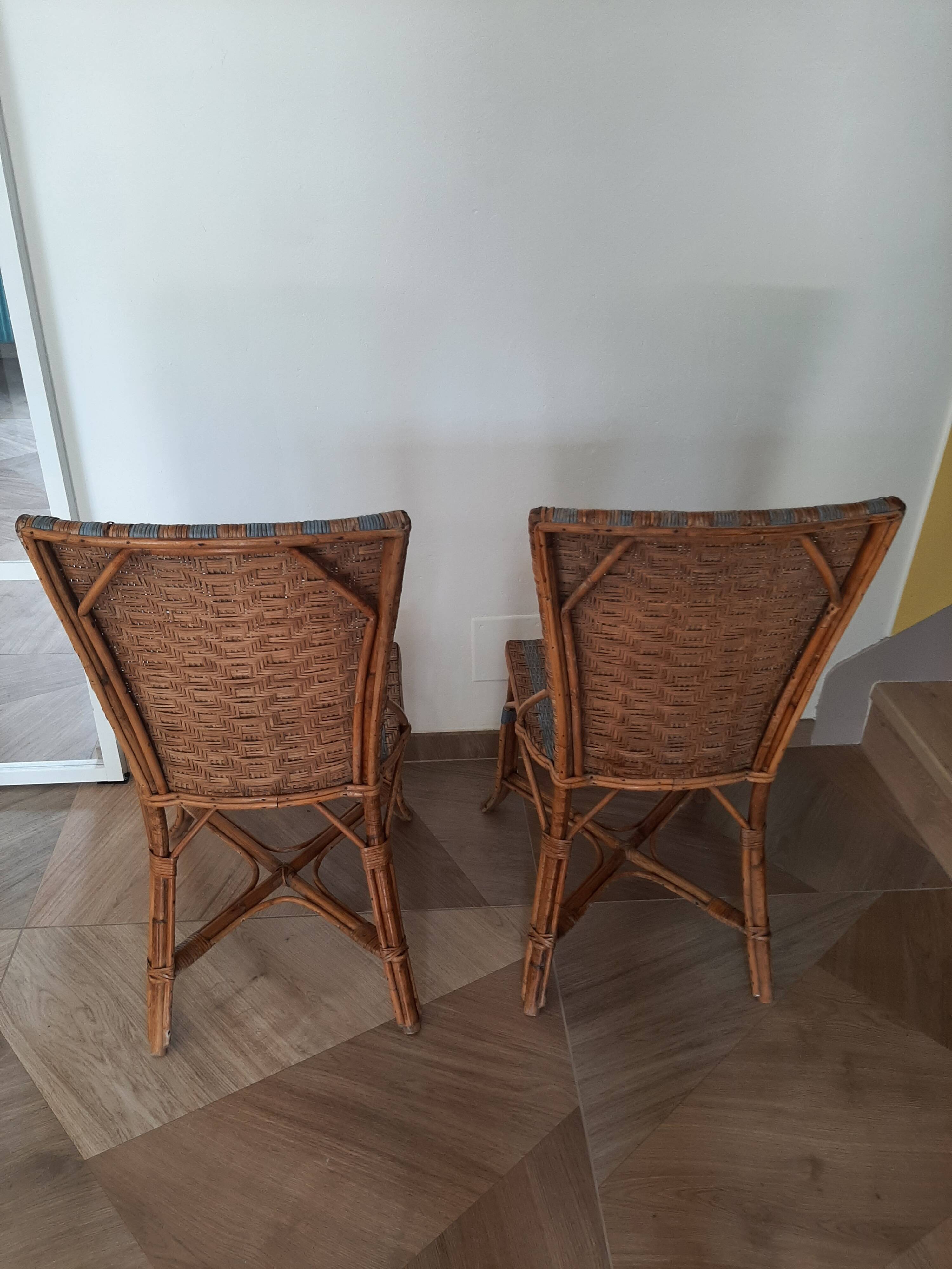 Vintage set of 2 garden woven rattan chairs - sky blue nets - 40