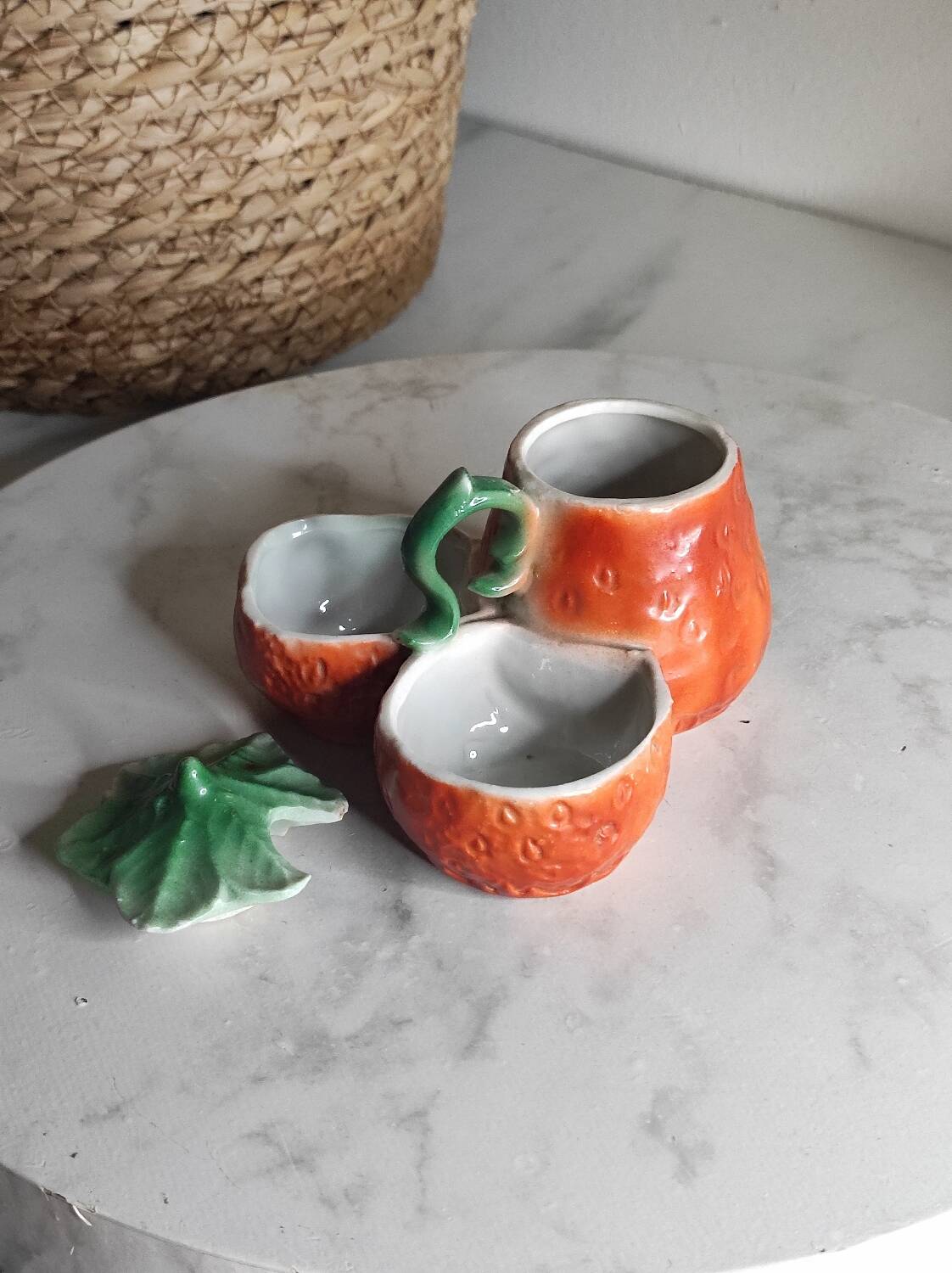 Salt and pepper shakers, mustard pot, slip