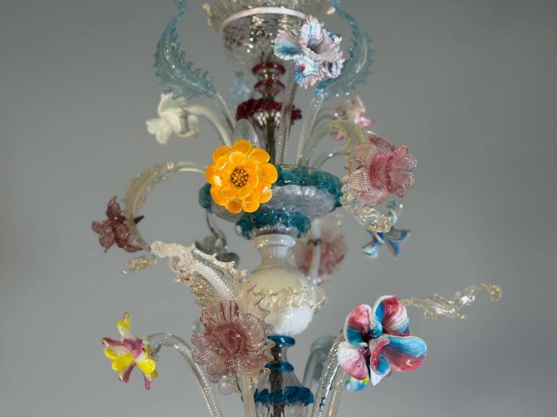 Venetian Rezzonico chandelier in multicoloured Murano glass circa 1900