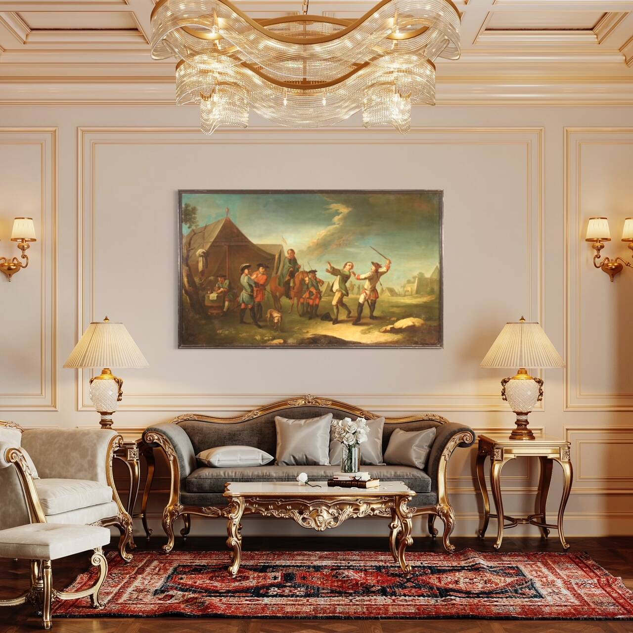 Camp de peinture française avec soldats et chevaux du XIXe siècle