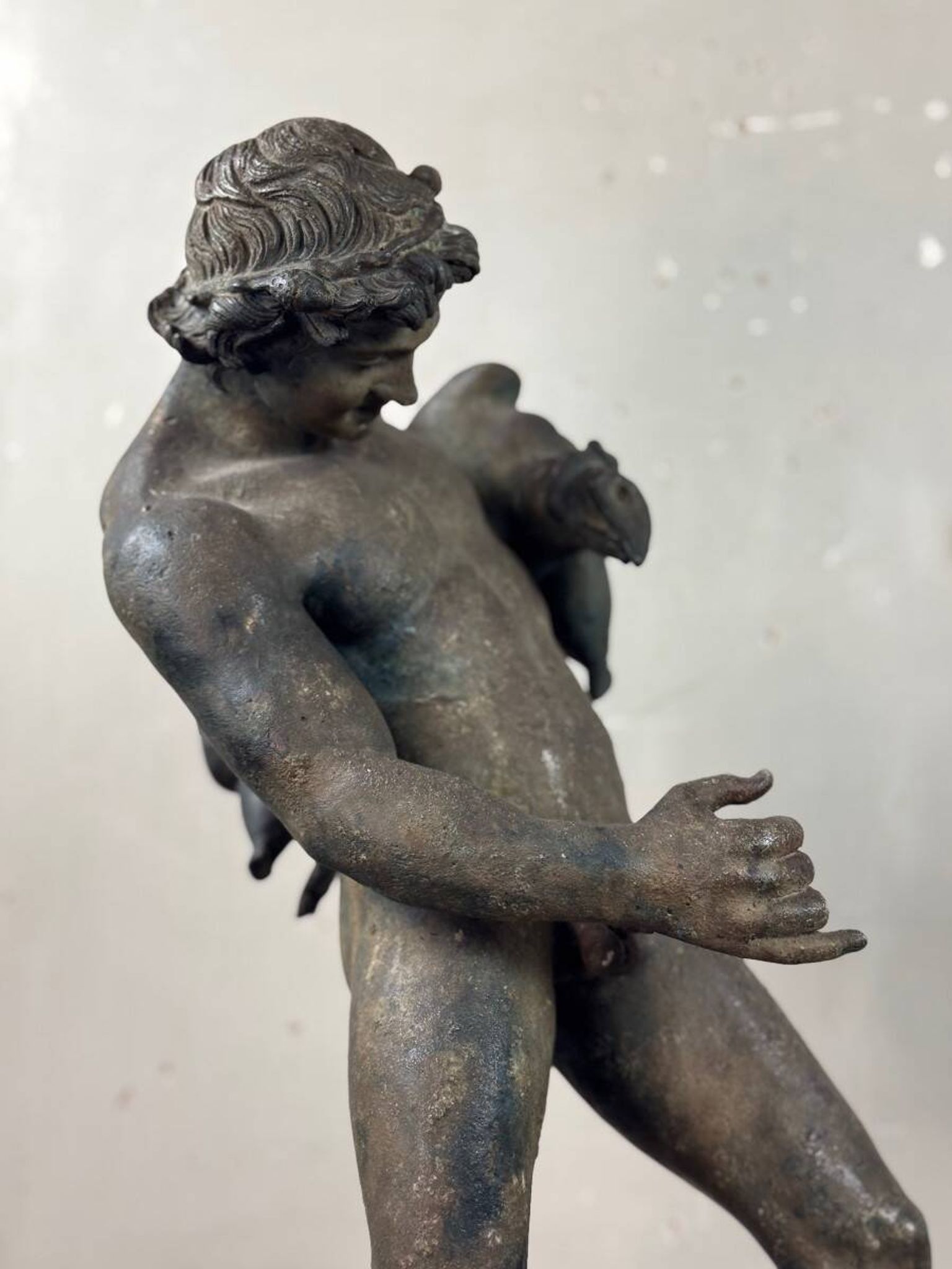 Faun with a Wineskin, Large Bronze Patina Excavated, Object from the Grand Tour, 19th Century