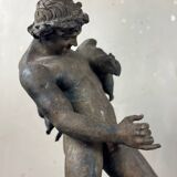 Faun with a Wineskin, Large Bronze Patina Excavated, Object from the Grand Tour, 19th Century