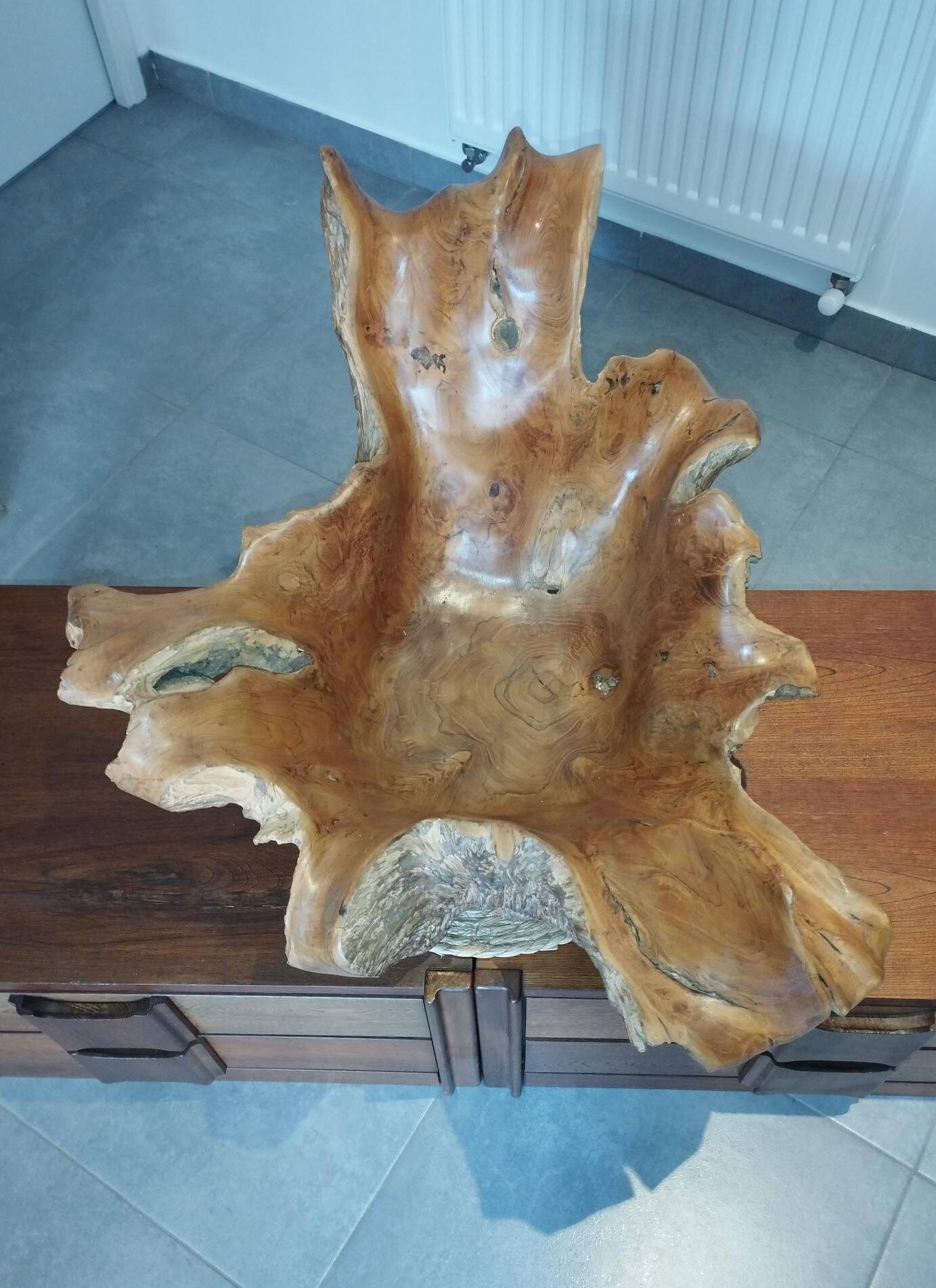 Sculptural wooden centrepiece, organic bowl, brutalist.