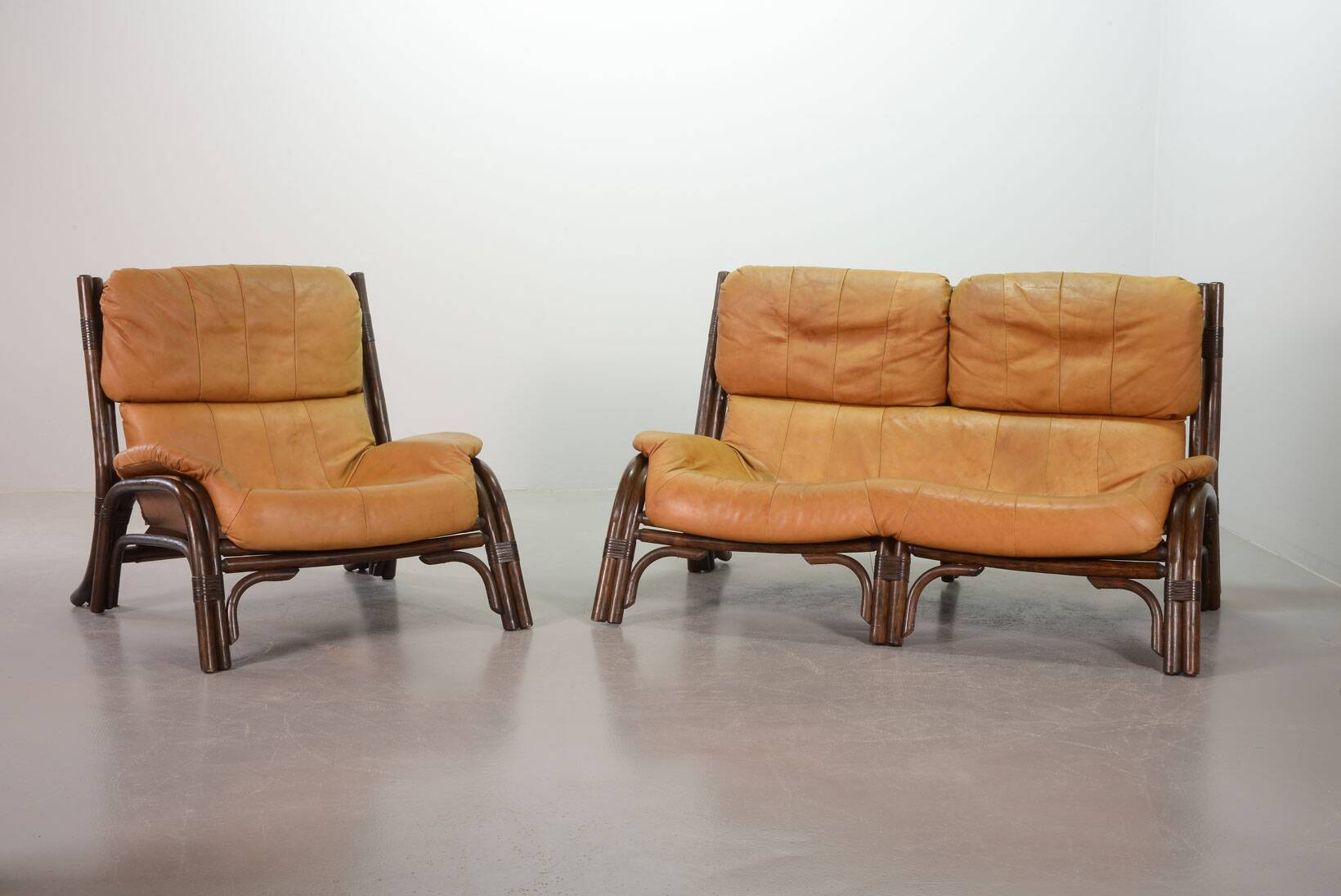 Brutalist Bentwood Bamboo Lounge Chair with Caramel Leather Upholstery, 60s