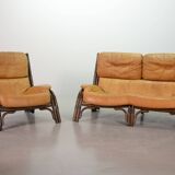 Brutalist Bentwood Bamboo Lounge Chair with Caramel Leather Upholstery, 60s