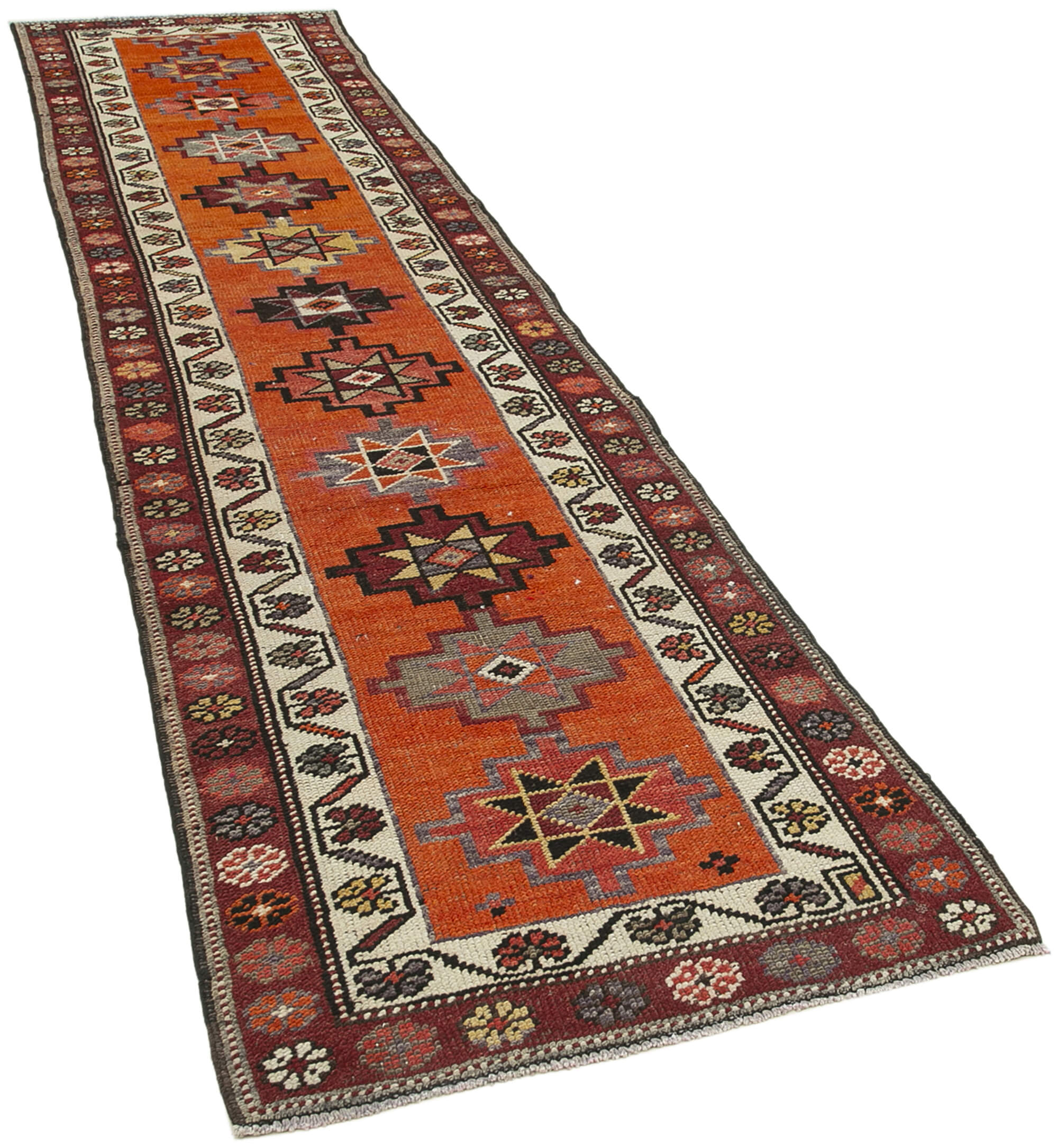 Hand-knotted antique turkish orange runner rug 90 cm x 382 cm
