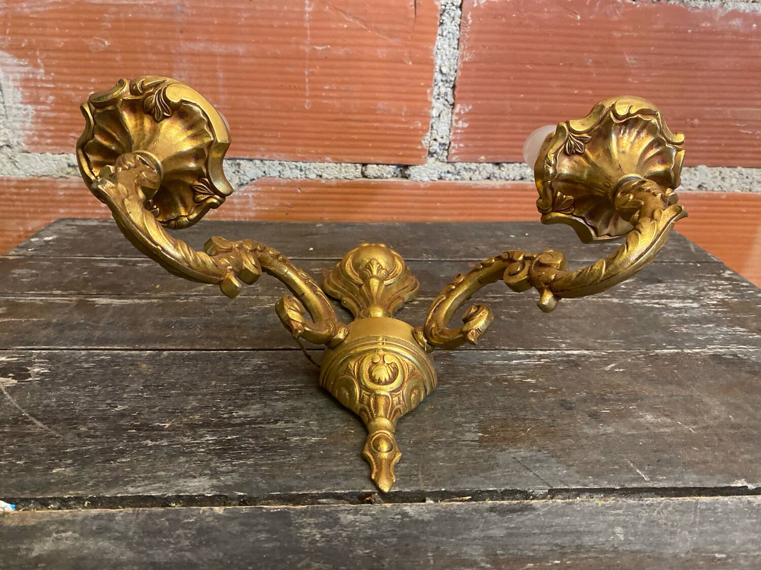 Pair of Double Wall Lights in Antique Louis XV Style, Gilded Bronze Vintage #D67