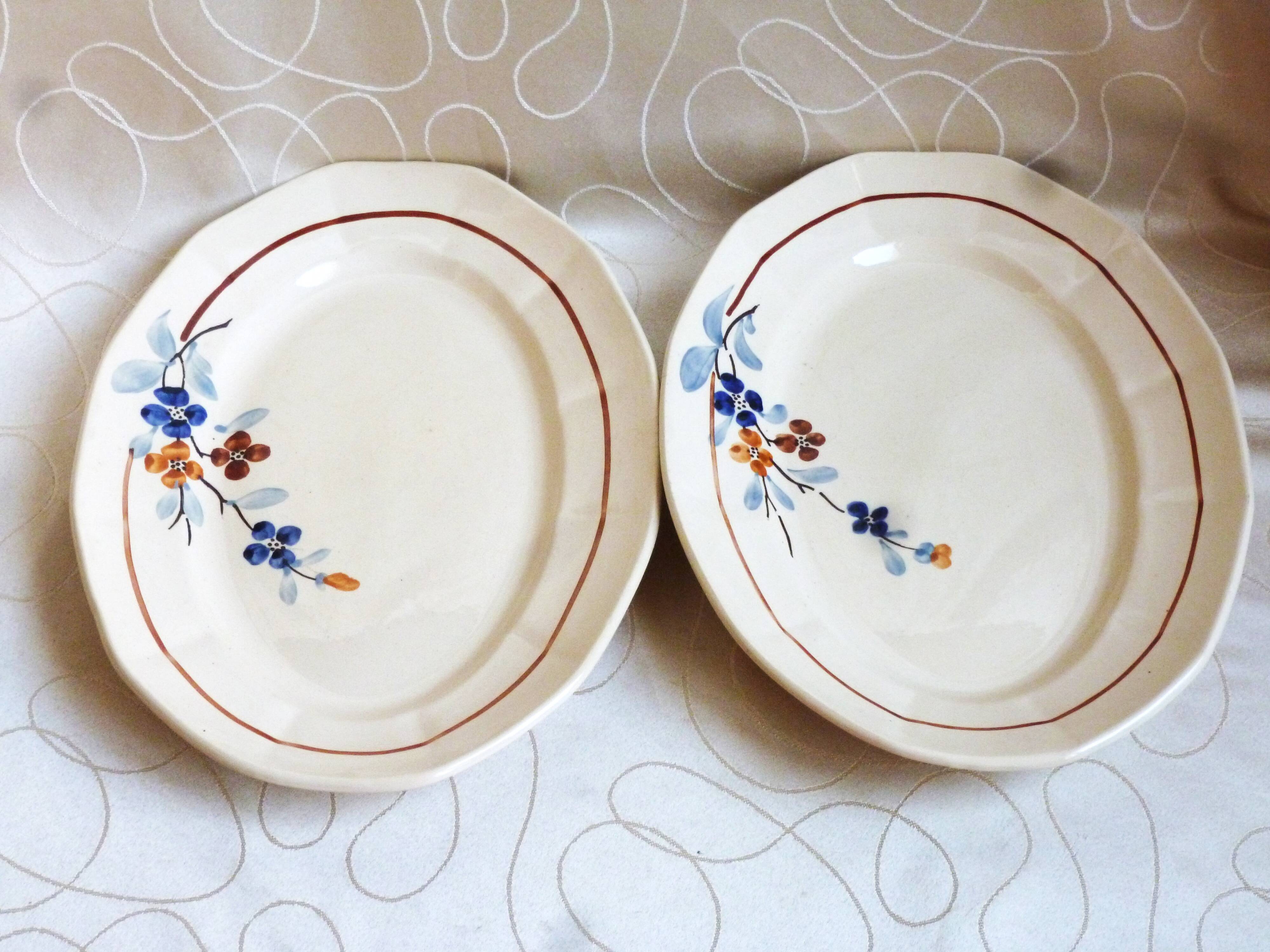 2 vintage Sarreguemines dishes, table service dishes with floral hand decoration