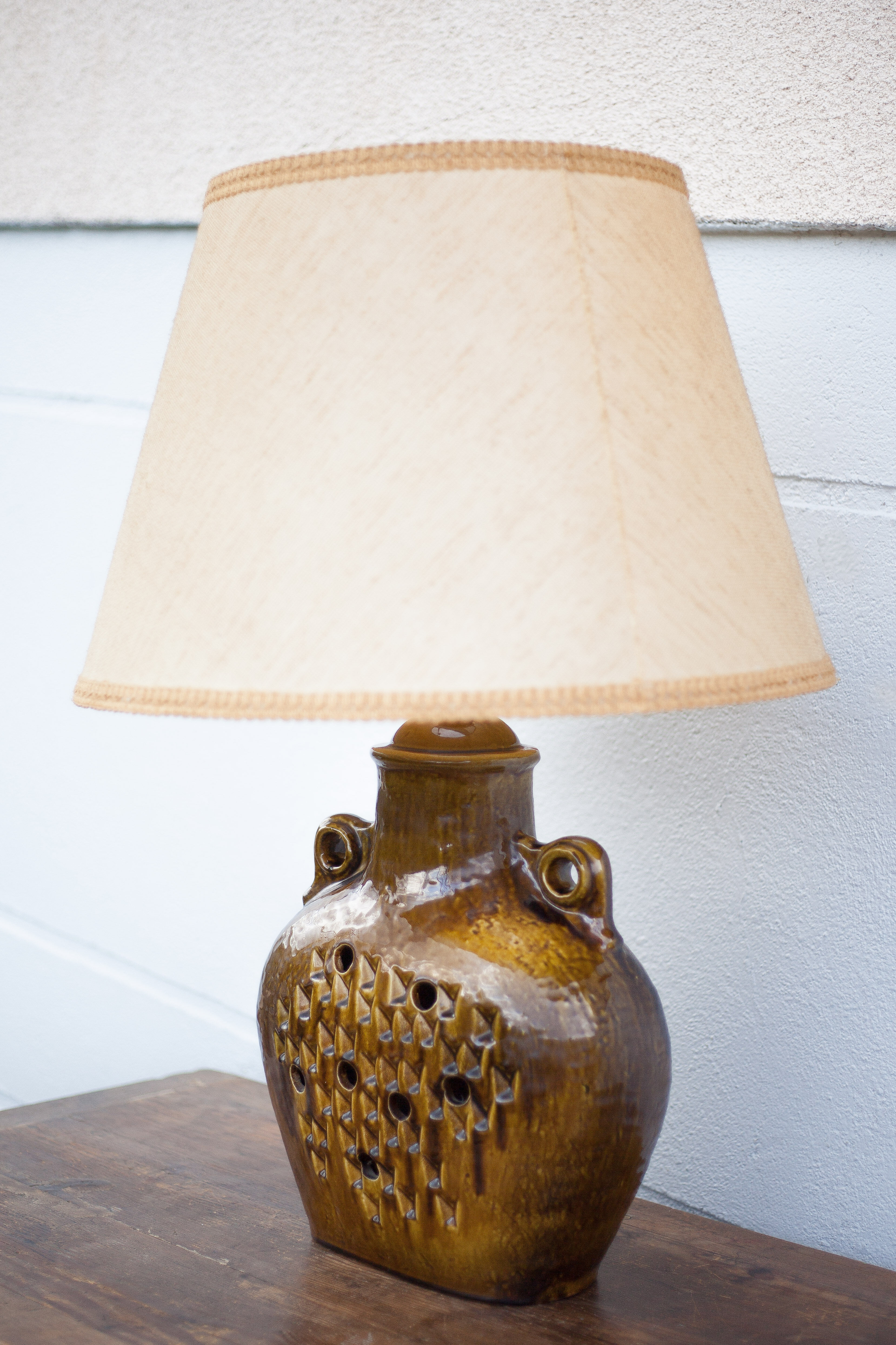 vintage enamelled terracotta lamp, table lamp, lampshade lamp, pottery, home decor, lamp