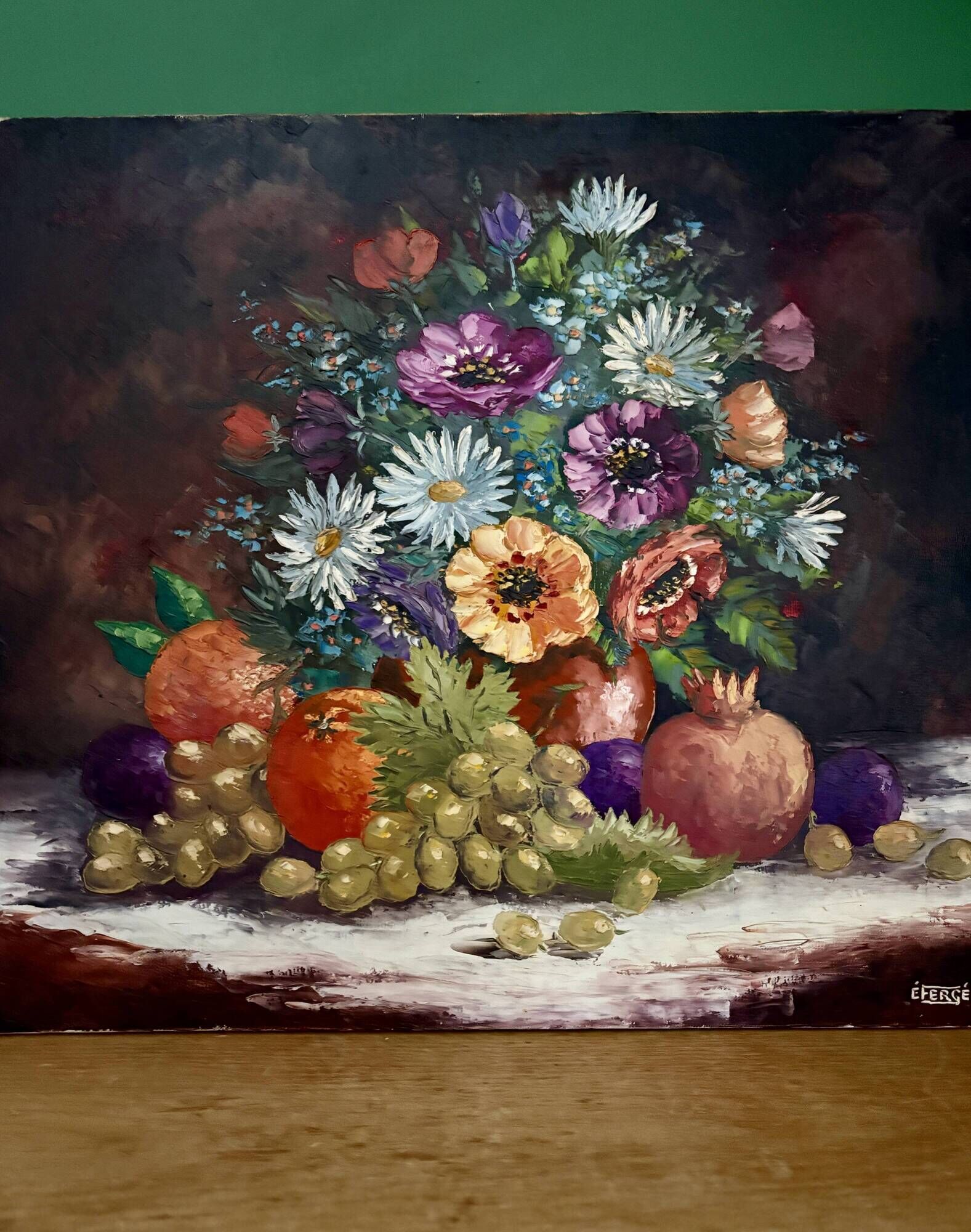 Old painting, still life of flowers and fruits.