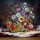 Old painting, still life of flowers and fruits.