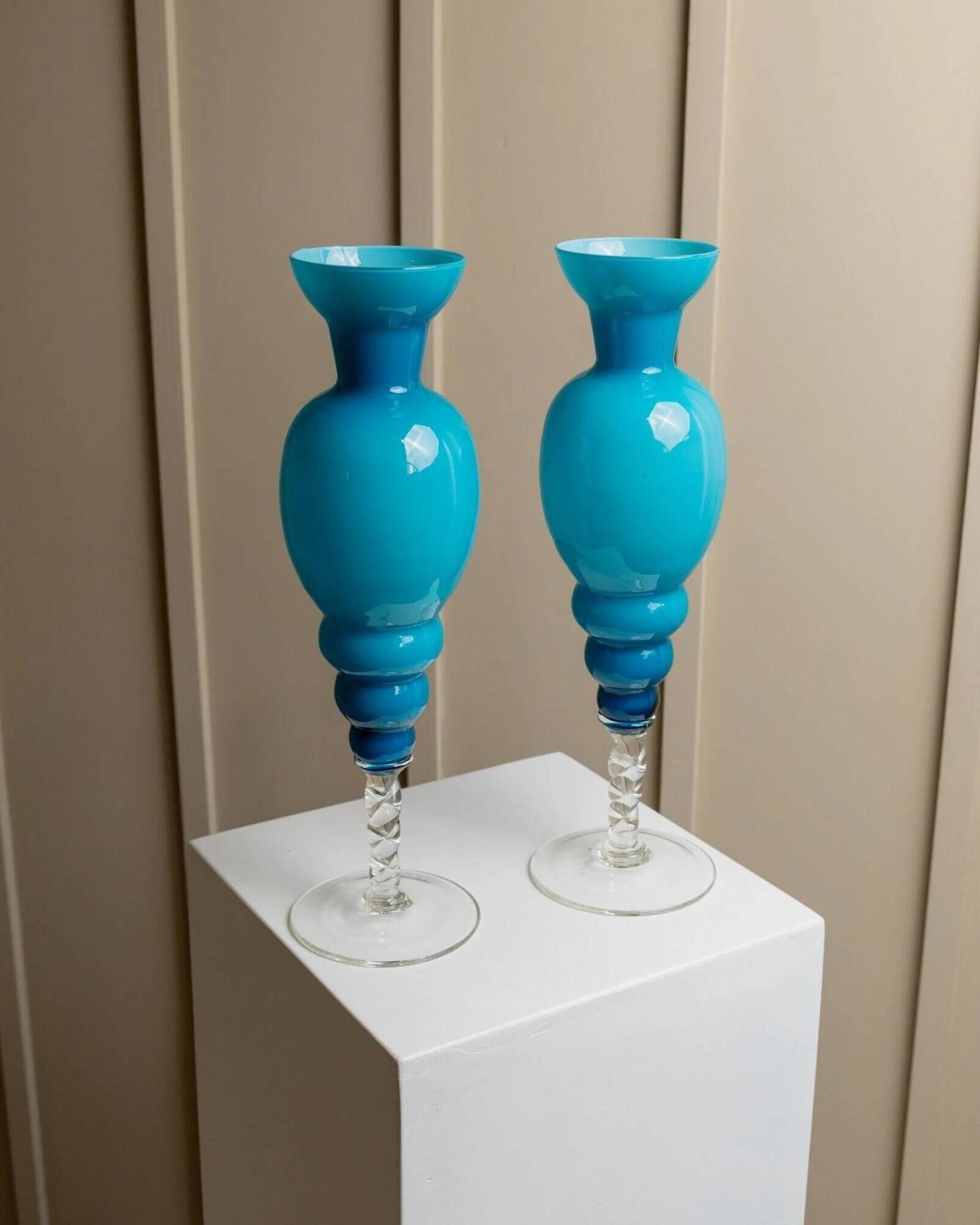 Azure Blue Murano Glass Vase XL, Fluted Beaded Silhouette, 1960s Hollywood Regency