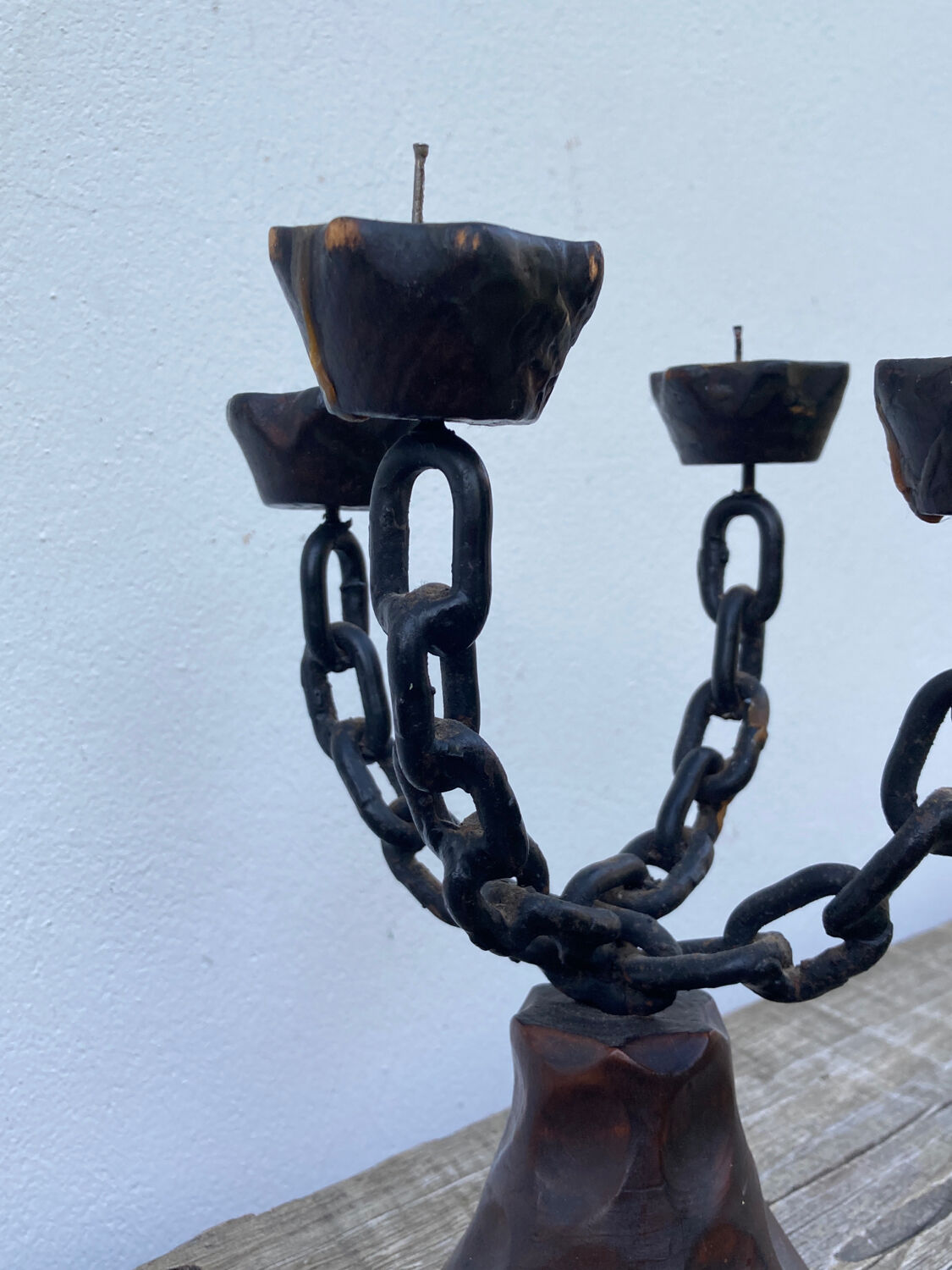 Brutalist iron and wood chain candle holder from the 1970s