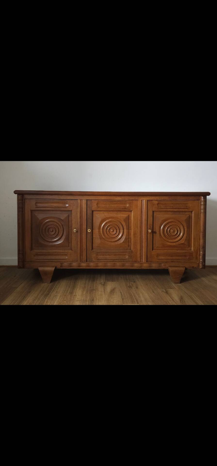 Solid oak sideboard, brutalist and Art Deco work, mid-century.
