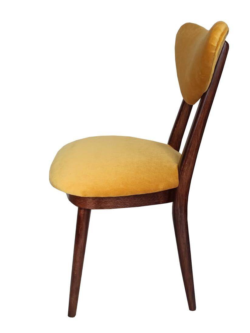 Yellow velvet heart-shaped chair, walnut wood, mid-century, Poland, 1960s.