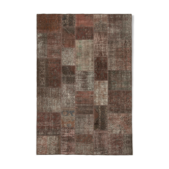 Tapis turc vintage noué à la main 204 cm x 299 cm tapis patchwork marron