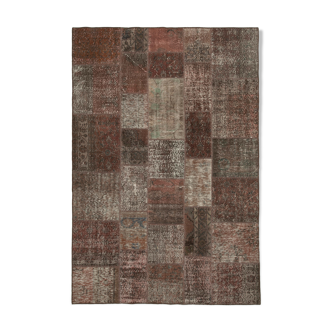 Hand-Knotted Turkish Vintage 204 cm x 299 cm Brown Patchwork Carpet