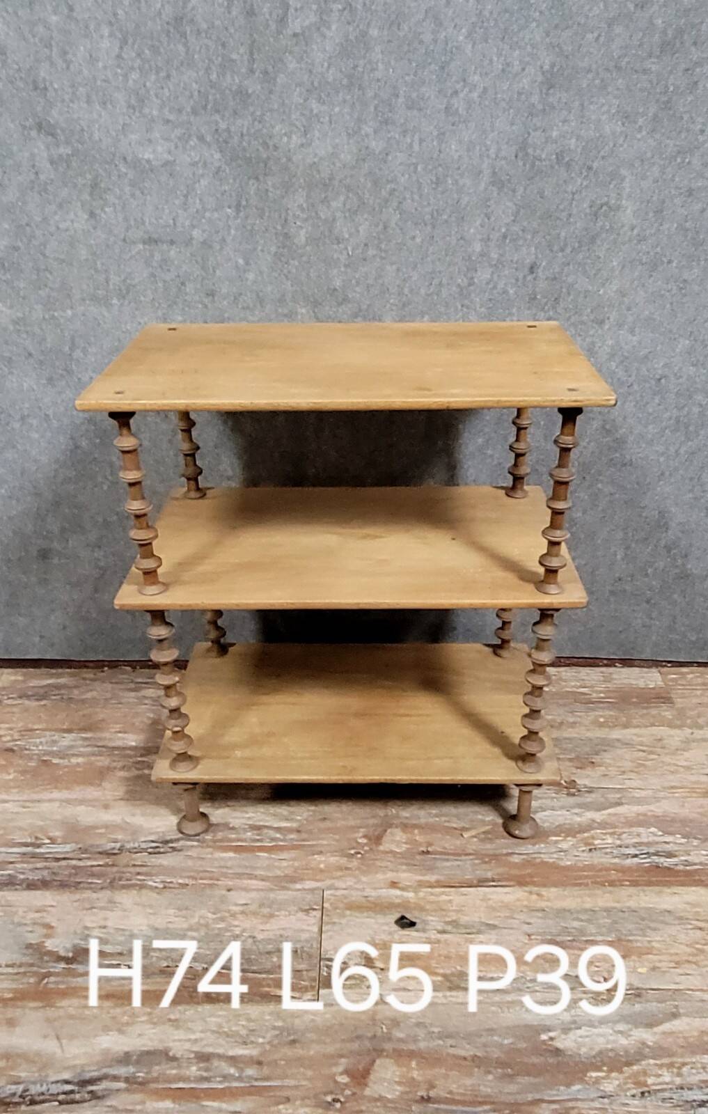 Natural wood display shelf with three tiers