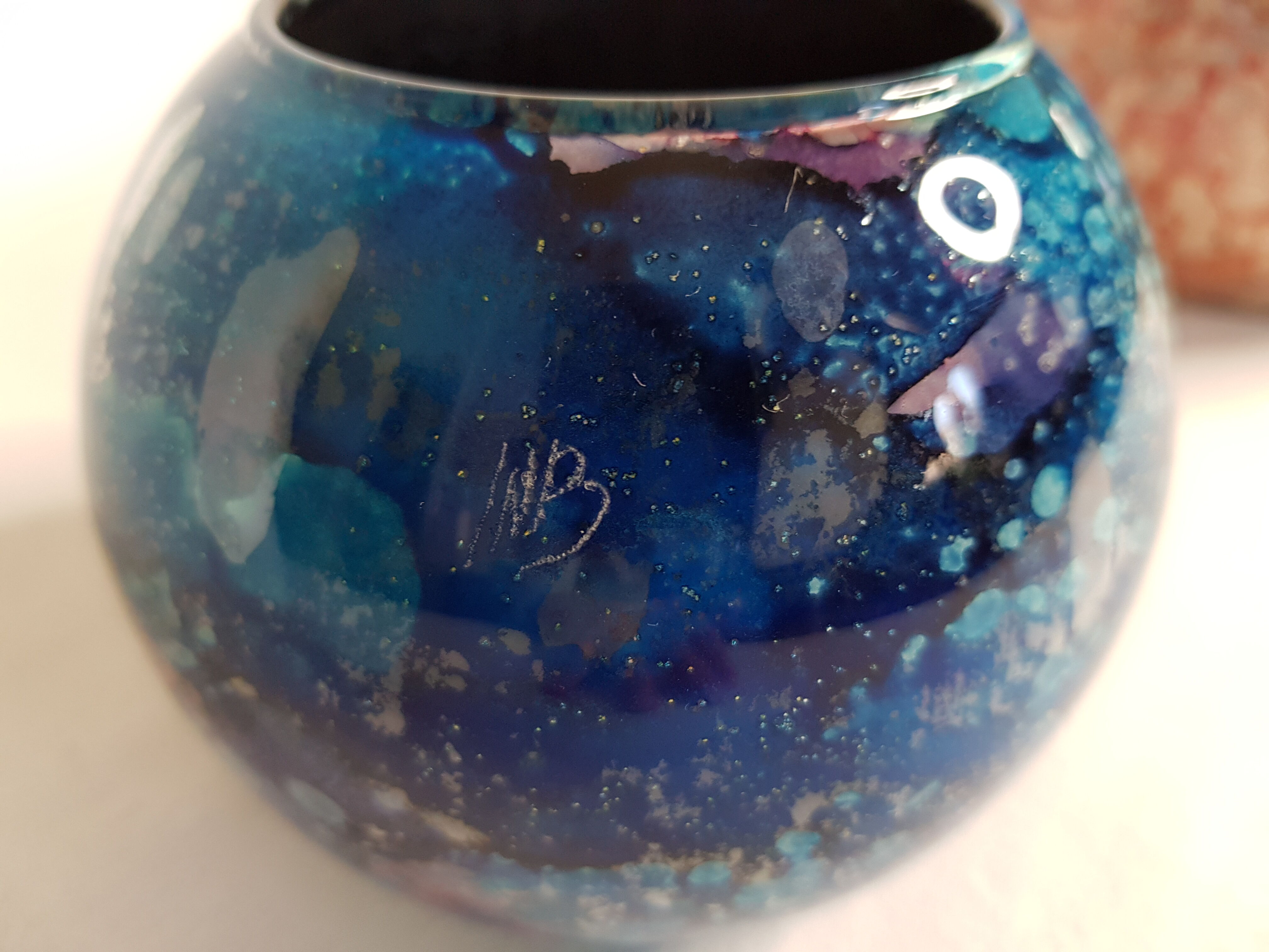 Set of two hand lacquered glass ball vases signed "Laque Line" and "Jean-Noel Bouillet"